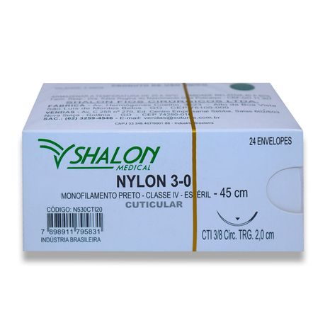 Fio de Sutura Nylon Cuticular Nº 3-0 com Agulha 2,0cm 24Un - Shalon