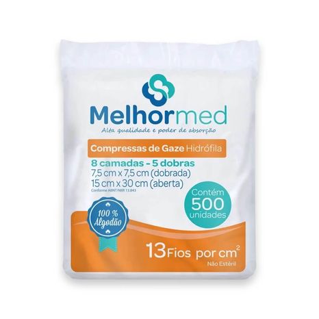 Compressa de Gaze Não Estéril Hidrófila 13 Fios com 500 7,5x7,5cm - Melhormed